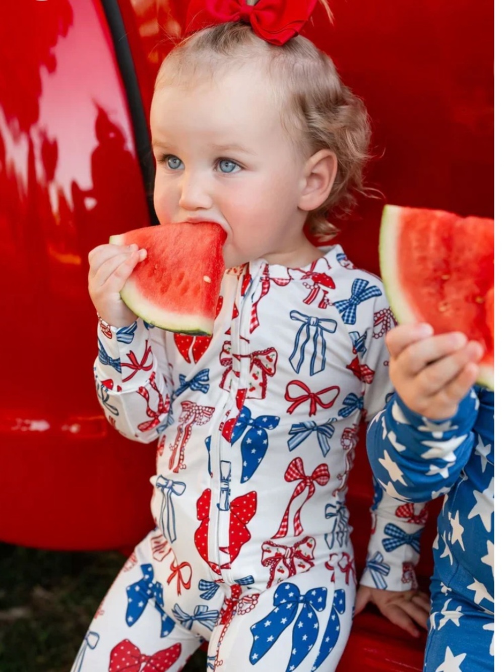 In My Jammers Red White & Blue Bows Zipper Romper